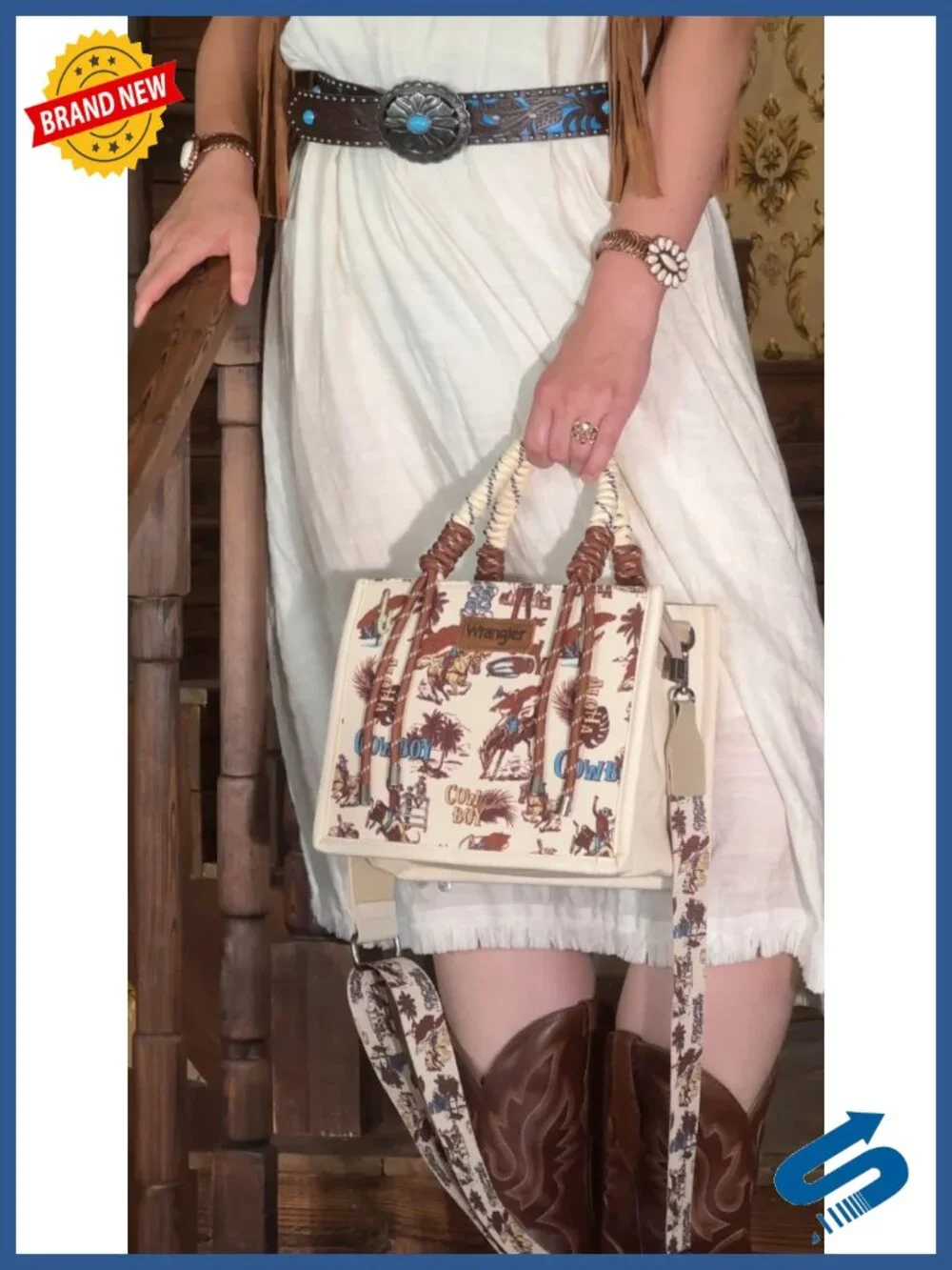 Canvas Tote Bag with Cactus Print, Rope Handle, Crossbody Strap